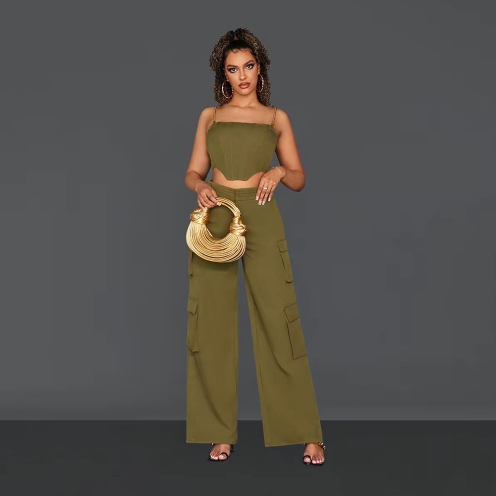 Elevated Street Style High Waist Cargo Pants + Corset Top Set Army Green Size L